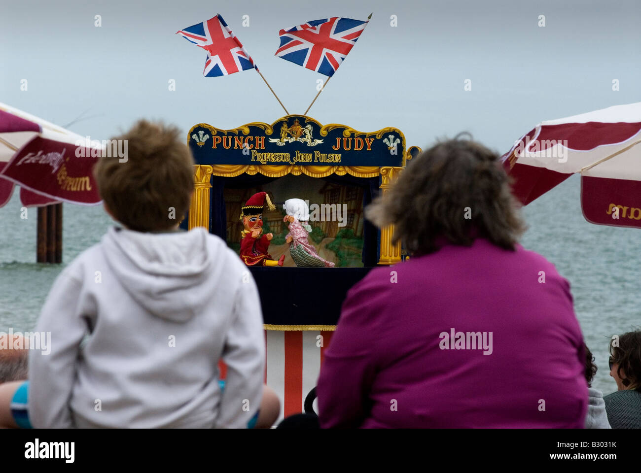 Southwold, Suffolk, Angleterre, cabines de plage,Punch Judy Banque D'Images