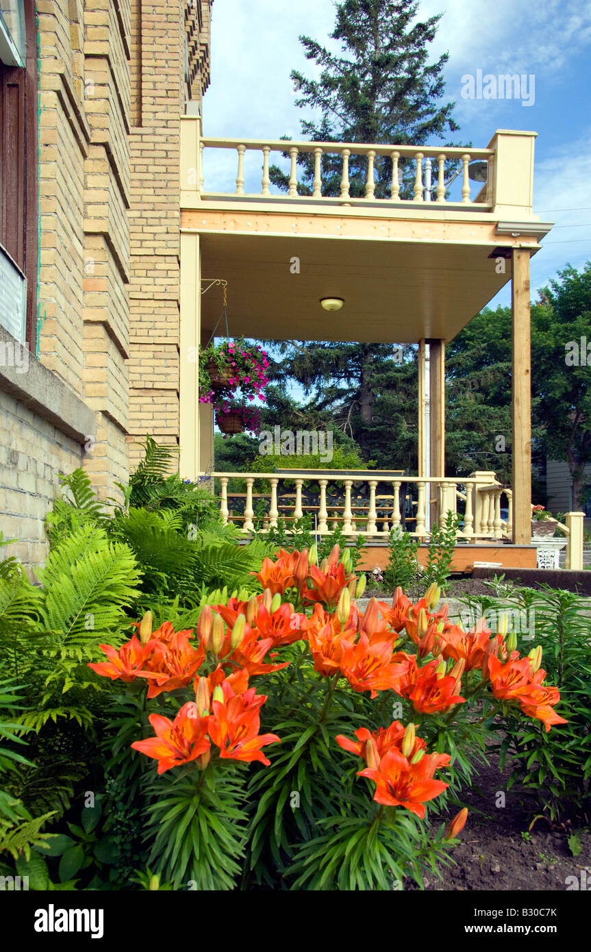 Le lis tigré orange vif à l'entrée du musée du patrimoine de Souris à Souris Manitoba Canada Banque D'Images