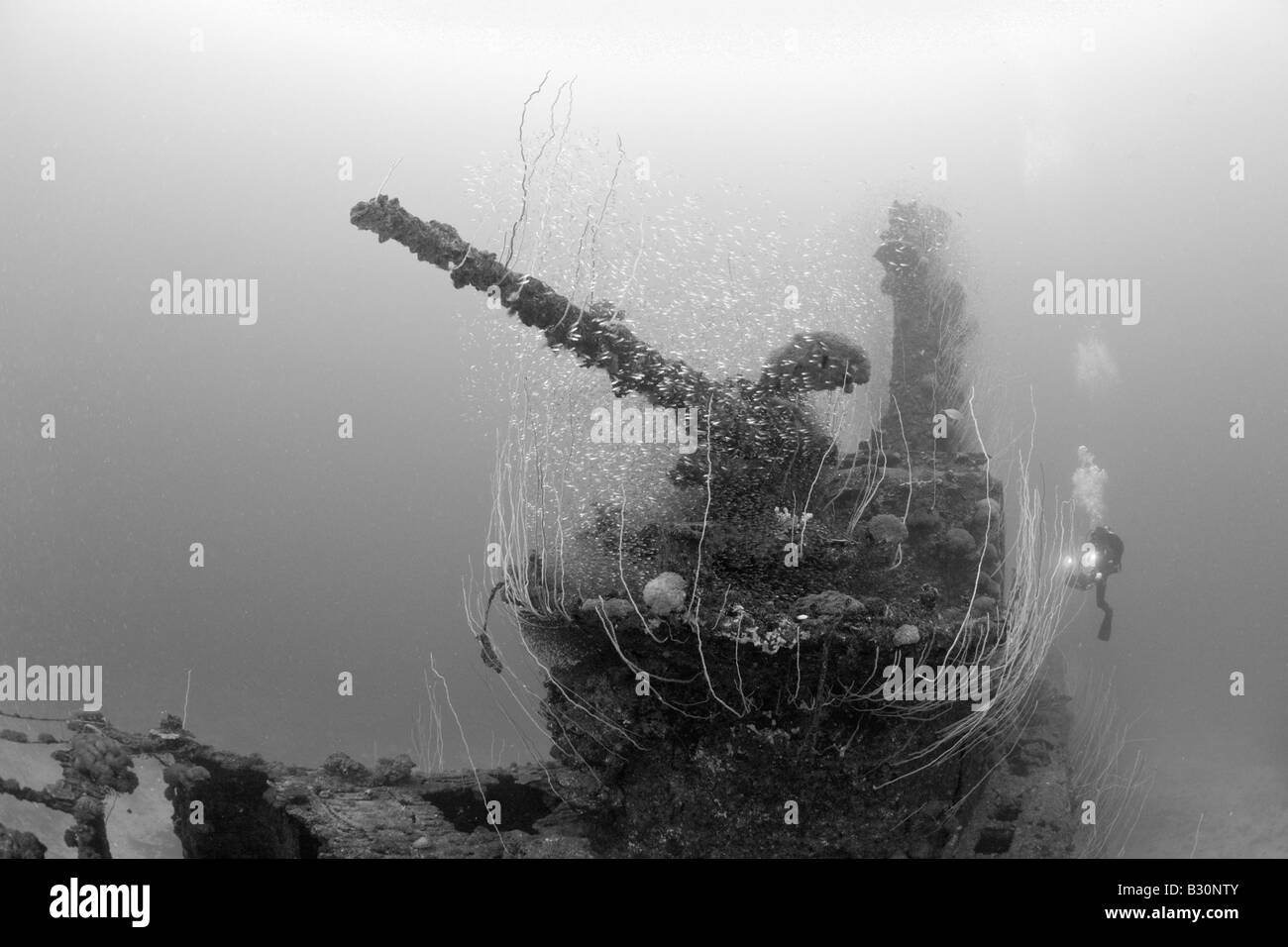 Plongeur et 5 pouces Pistolet de sous-marin USS Apogon atoll de Bikini des Îles Marshall Micronésie Océan Pacifique Banque D'Images