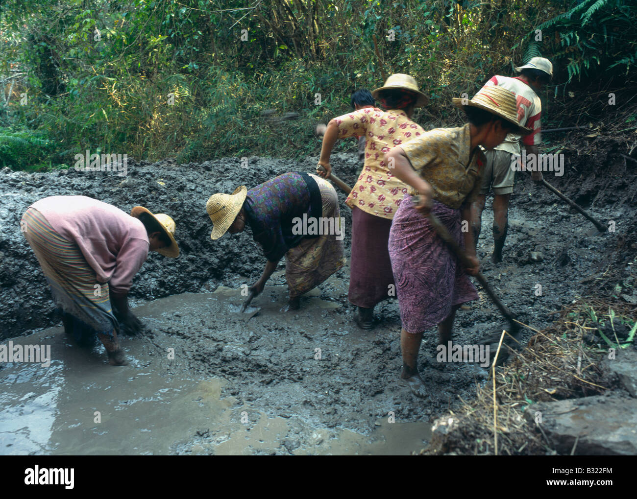 L'État Shan en Birmanie Myanmar village Mynka Femmes au travail creusant un puits en terrain boueux Banque D'Images