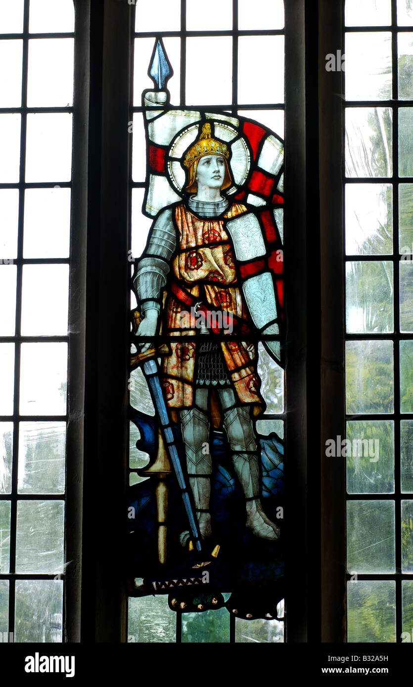 St George et le Dragon vitrail, St.John the Baptist Church, Brinklow, Warwickshire, England, UK Banque D'Images