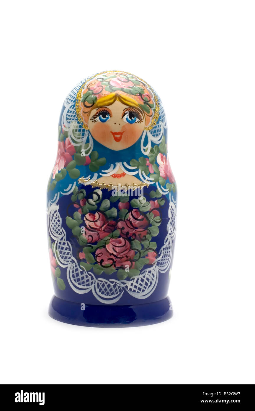 Sur un objet souvenir national russe blanc poupée en bois Banque D'Images