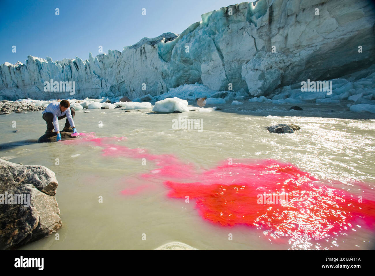 Expérience sur les traces de colorant la fonte des glaciers du Groenland à Russell Banque D'Images