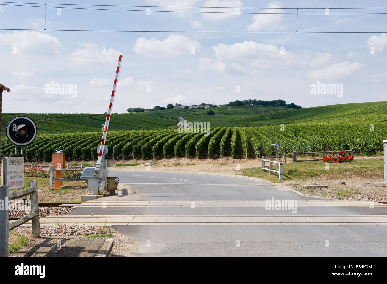 Passage à niveau sans pilote et de vignobles à Avenay Val d'Or, Champagne Ardenne, France avec Mutigny village de la distance Banque D'Images Passage à niveau sans pilote et de vignobles à Avenay Val d'Or, Champagne Ardenne, France avec Mutigny village de la distance Banque D'Images