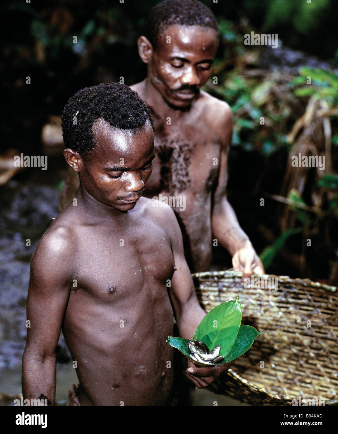 L'Ouganda, forêt de Semliki, Bundibugiyo. Bandes de pygmées Batwa chasser et pêcher dans la forêt de Semliki de l'ouest de l'Ouganda, un Banque D'Images