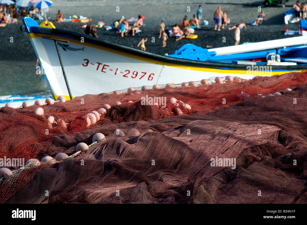 Les filets de pêche séchant au soleil à Puerto de la Cruz, Tenerife, Canaries, Espagne Banque D'Images