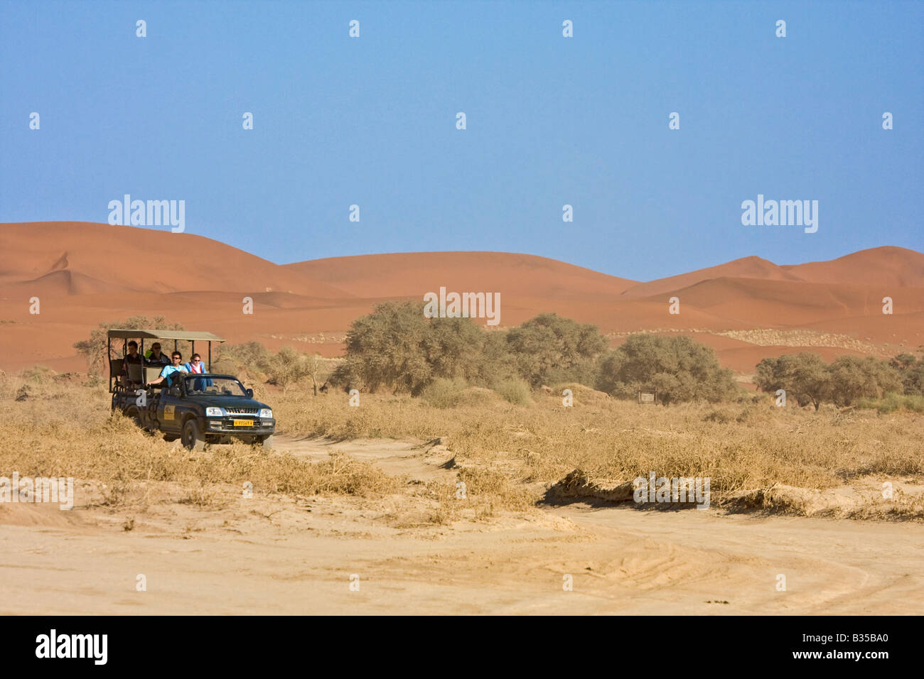 Les visiteurs dans les véhicules de safari voyage à travers les dunes de sable de Sossusvlei zone de dunes de sable, dans le centre sud de la Namibie. Banque D'Images
