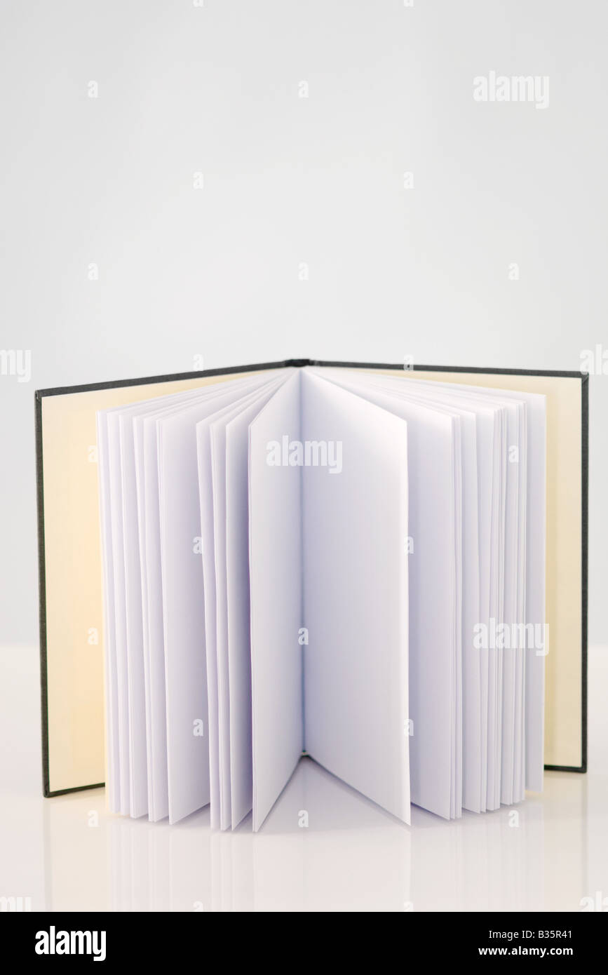 Livre ouvert avec des pages blanches, debout, close-up Banque D'Images