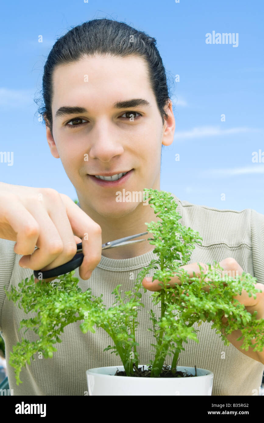 Jeune homme elagage plante en pot, smiling at camera Banque D'Images