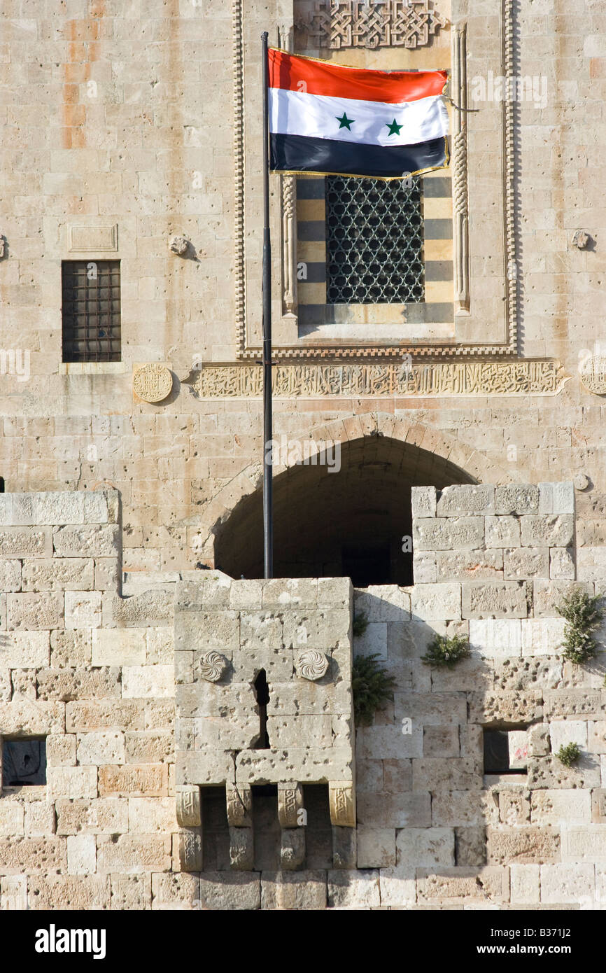 Drapeau syrien à la Citadelle d'Alep en Syrie Banque D'Images