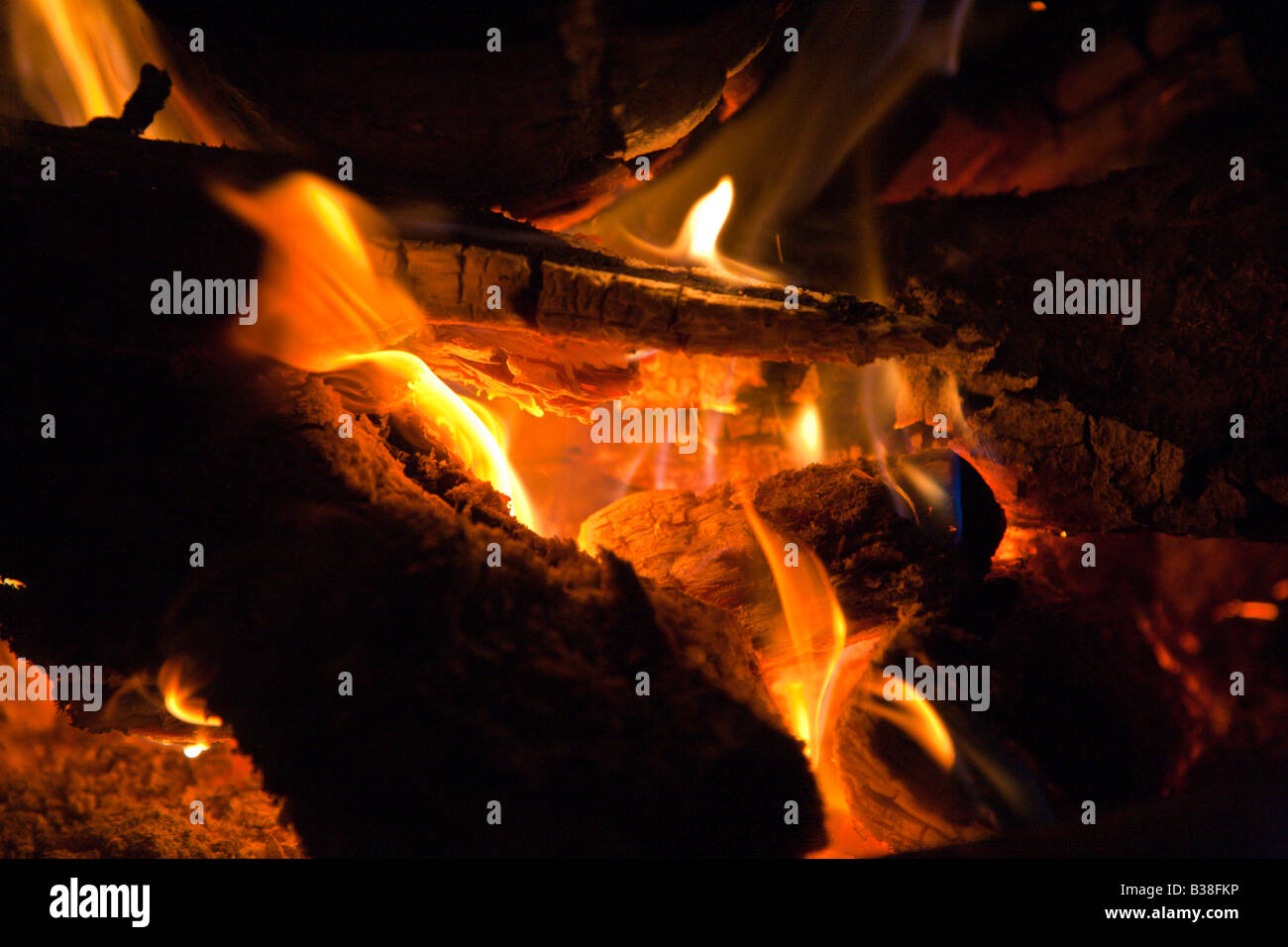 Charbons ardents et des flammes de feu de camp Banque D'Images