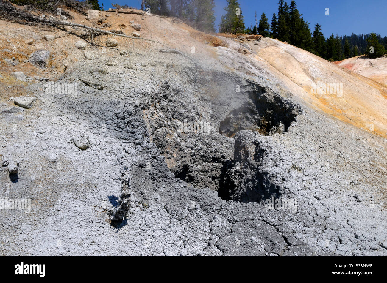 Évents de vapeur et les dépôts de l'activité volcanique. Lassen Volcanic National Park, California, USA. Banque D'Images