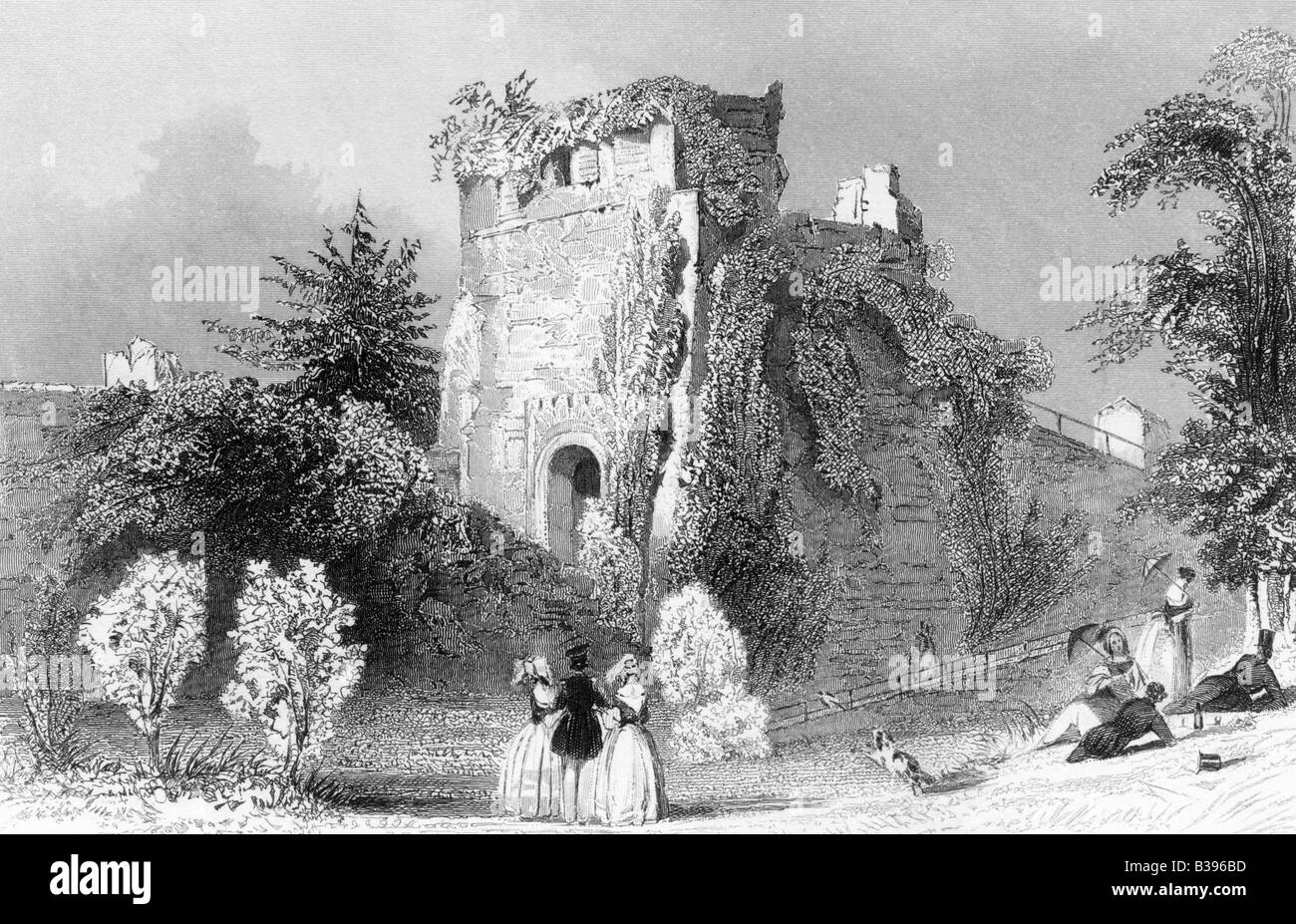 Ruines du château de Farnham Illustration Circa 1845 Gravure du xixe siècle Banque D'Images