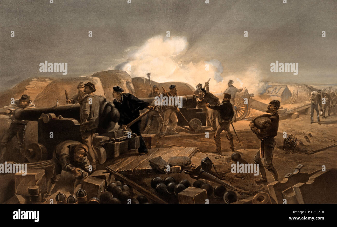 Nuit chaude dans les batteries - illustration de l'artillerie britannique de la guerre de Crimée Banque D'Images