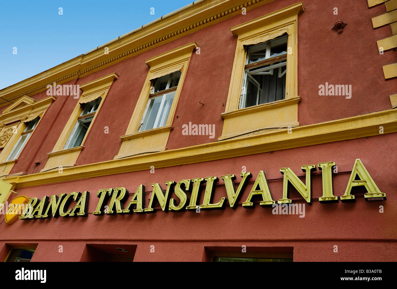 Signe DE LA BANQUE TRANSILVANIA L'INFORMATION. Roumanie Banque D'Images