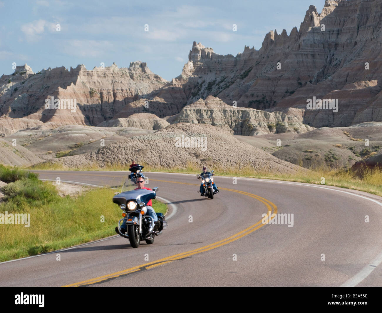 Les Badlands National Park dans le Dakota du Sud aux États-Unis. Au cours de l'équitation de moto rallye moto annuel Black Hills. Banque D'Images