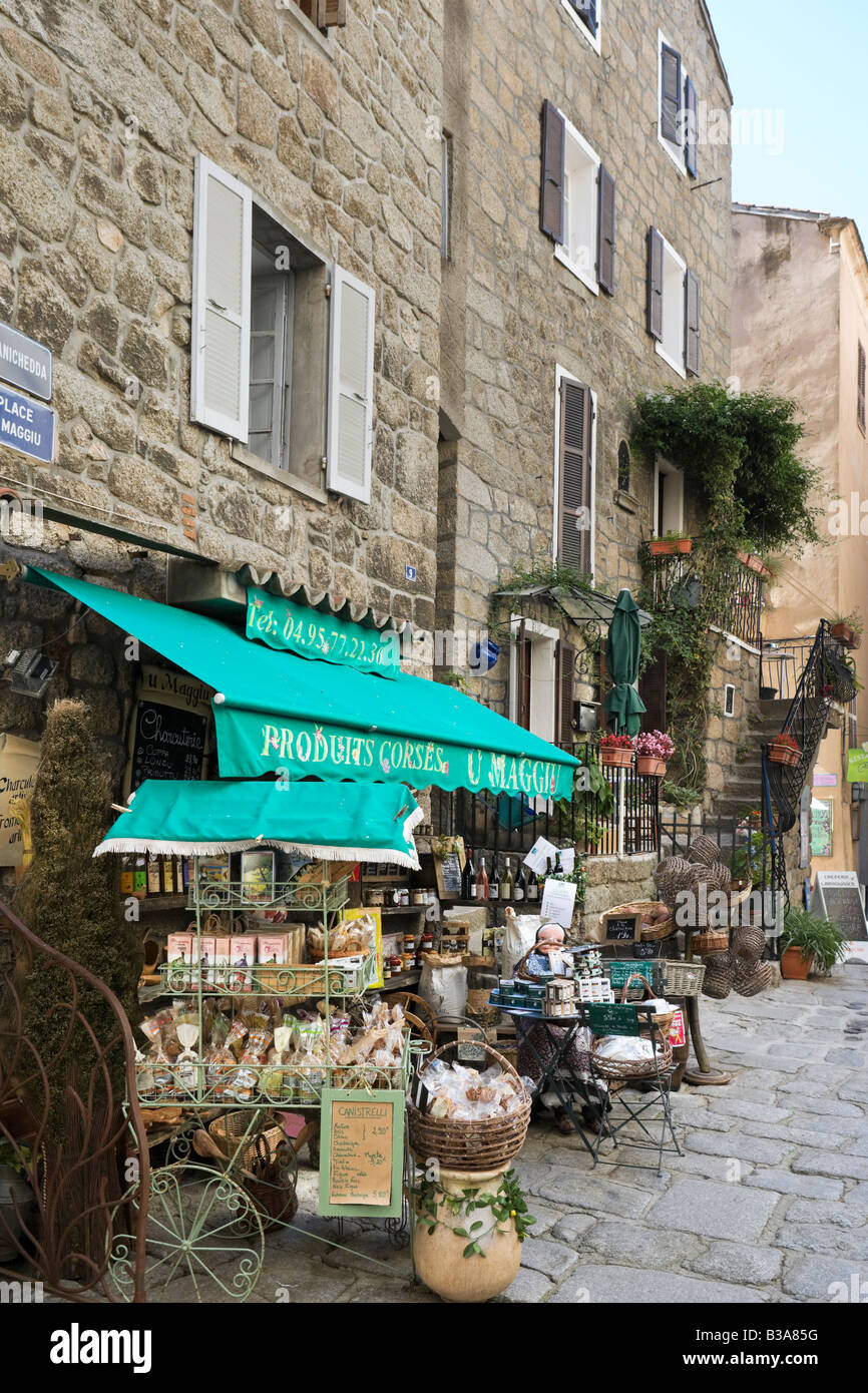 Boutique de produits corses traditionnels, Place du Maggiu, Vieille Ville (Old Town), Sartène, Alta Rocca, Corse, France Banque D'Images