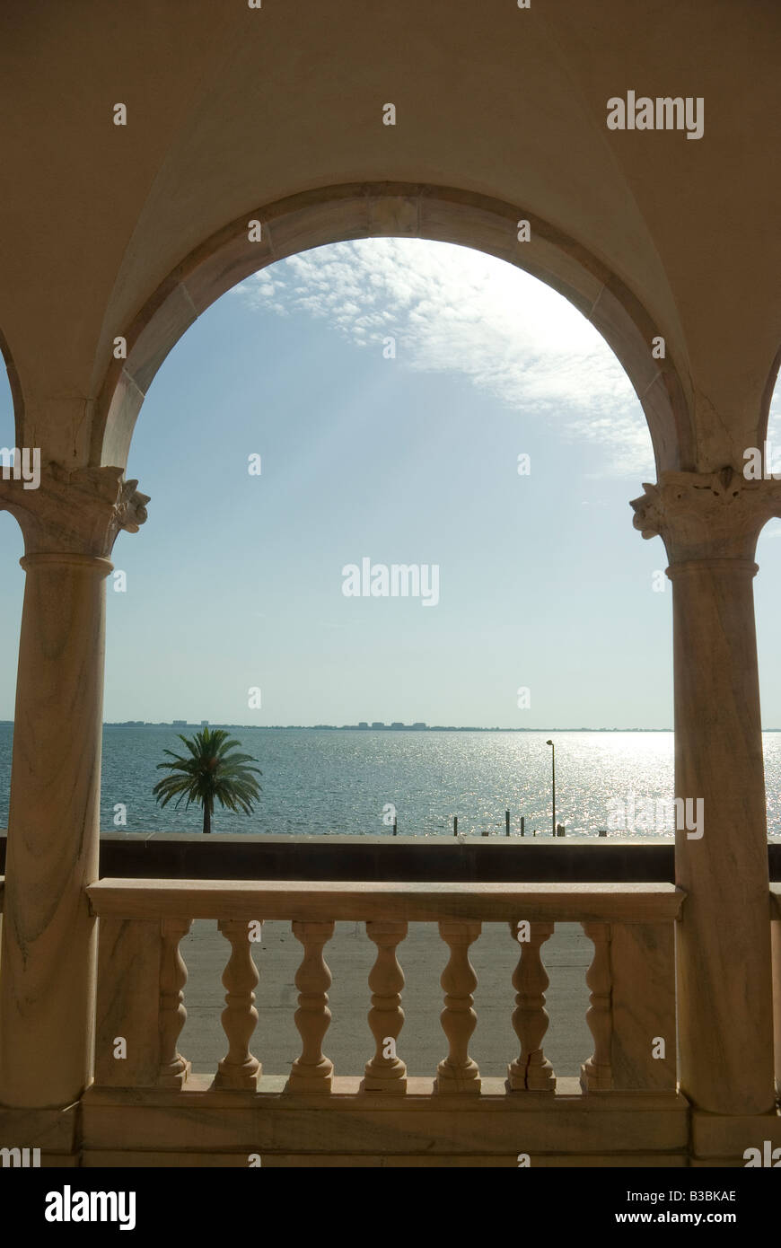 La baie de Sarasota et Longboat Key vu de la Ringling Estate, Sarasota, Floride, avec en premier plan palmier solitaire Banque D'Images