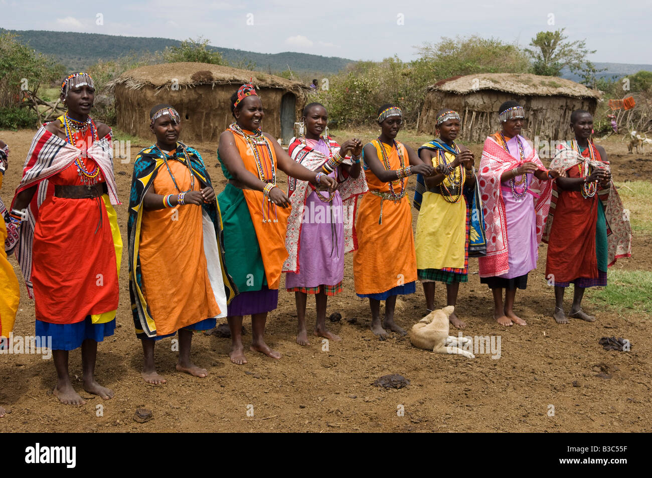 Kenya, Masai Mara National Reserve. Les femmes masaï chanter et danser lors d'une Manyatta Masaï. Banque D'Images