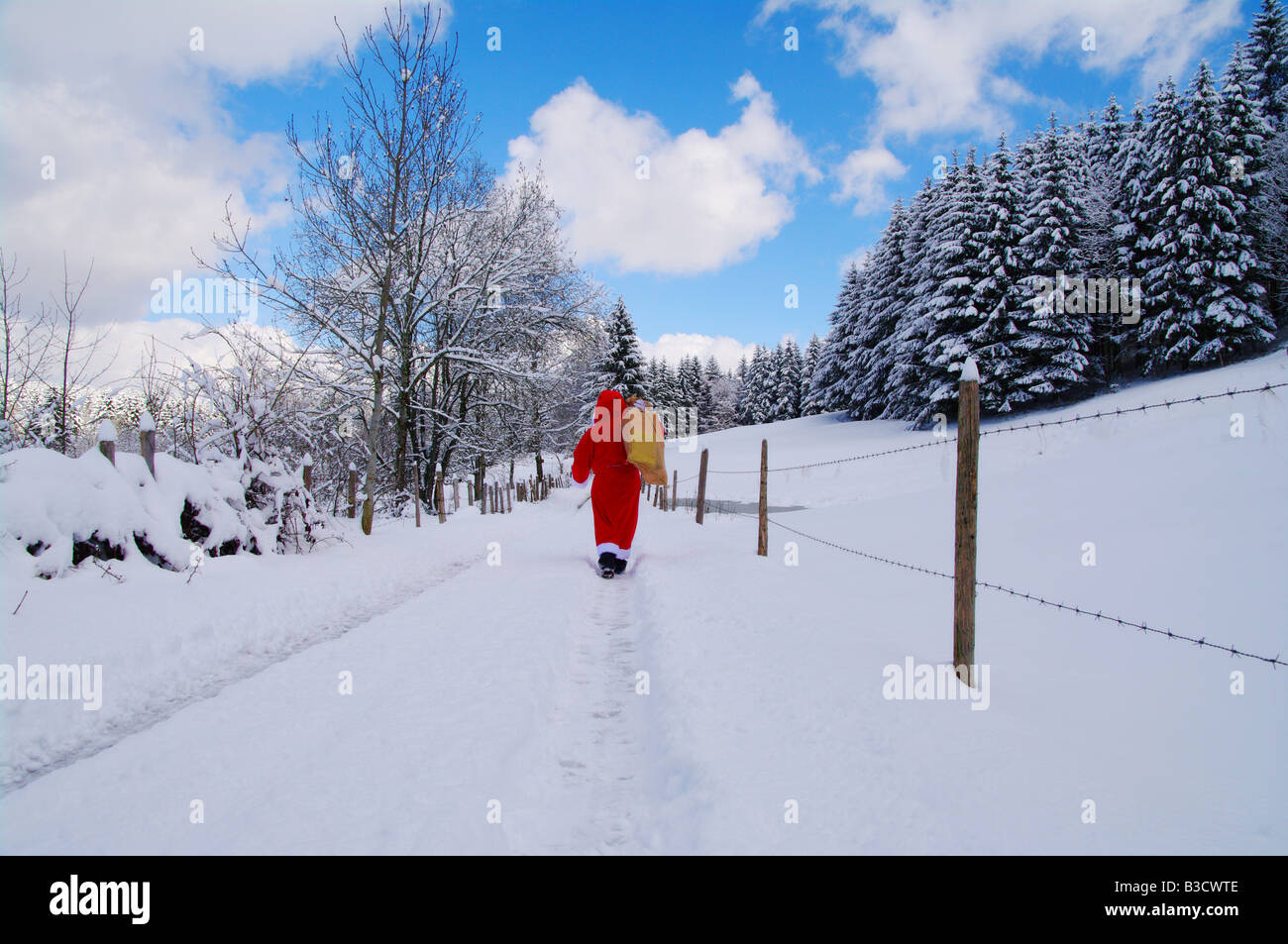 Père Noël Père Noël dans un magnifique paysage hivernal Banque D'Images