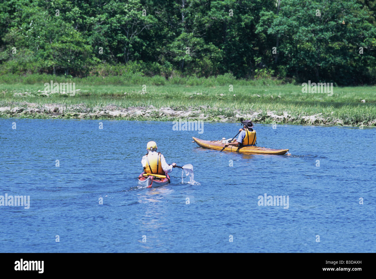 2 deux personnes en kayak avec pagaie et gilet sur la rivière en été, USA Banque D'Images