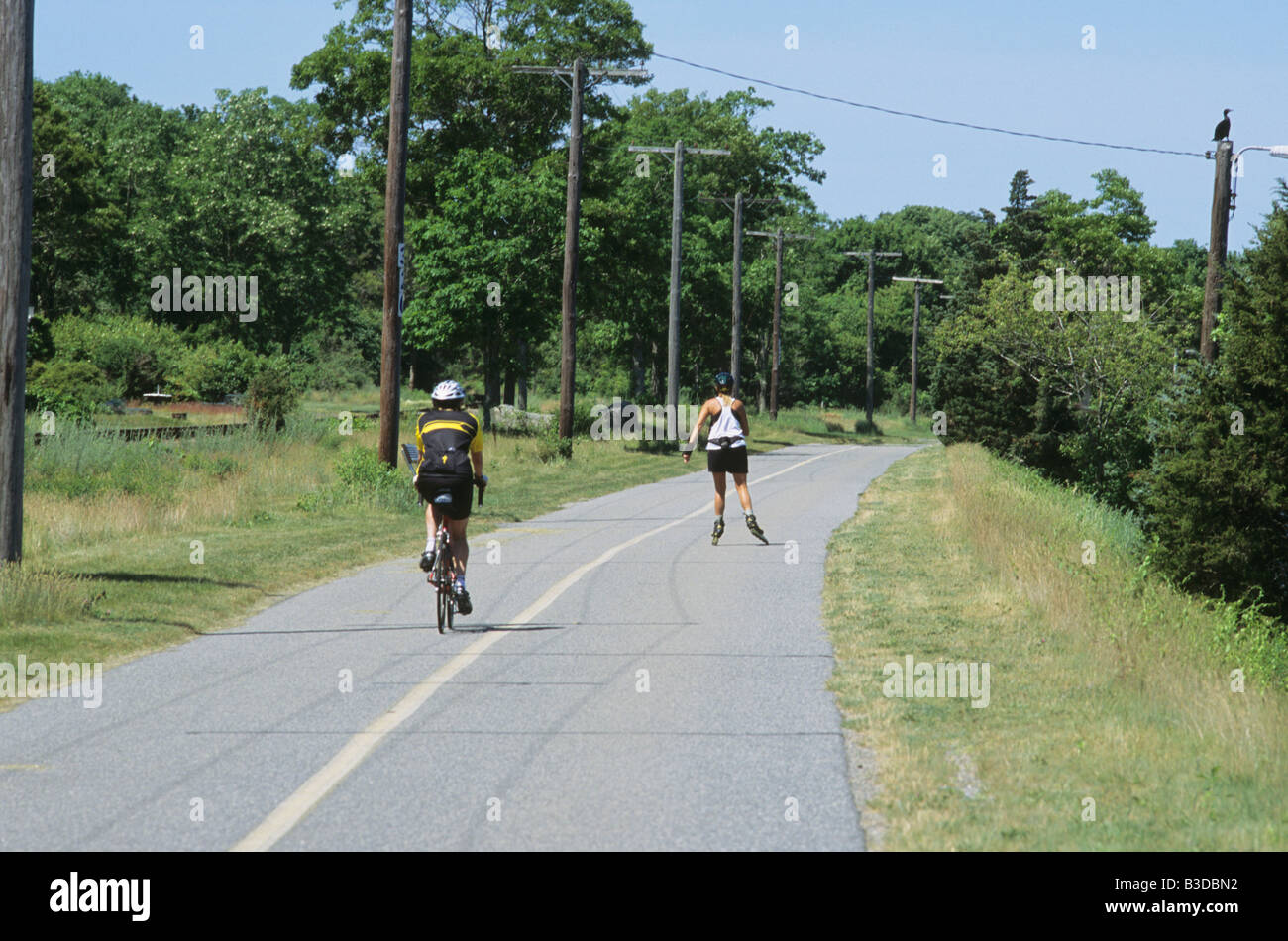 2 deux personnes un vélo et un roller sur piste cyclable à Cape Cod Canal dans l'été, aux États-Unis. Banque D'Images