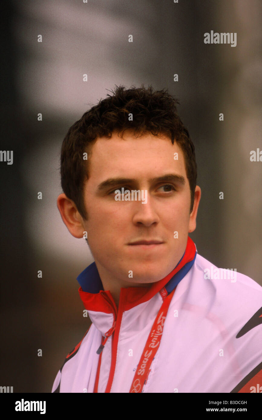Le gallois athlète olympique, Geraint Thomas, qui a remporté une médaille d'or à vélo dans les Jeux Olympiques de Beijing de 2008, célèbre à Cardiff Banque D'Images