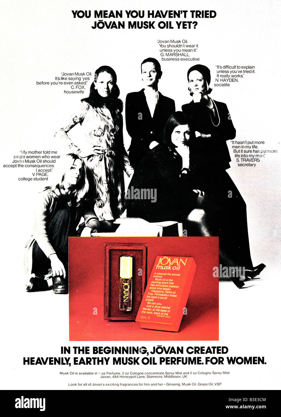 1975 Les jeunes femmes Magazine Publicité pour Jovan Musk Parfum d'huile . Pour un usage éditorial uniquement Banque D'Images