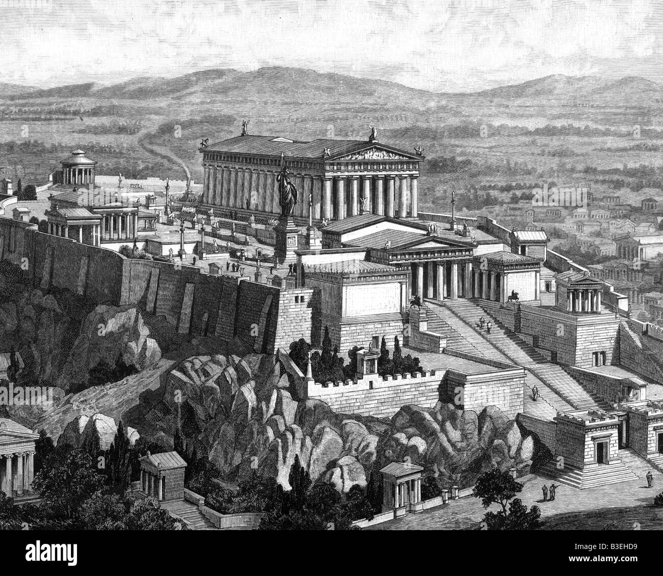 Géographie / voyages, Grèce, Athènes, bâtiments, Acropole, reconstruction, original, gravure, XIXe siècle, après dessin de G. Rehleder, historique, historique, Europe, architecture, bâtiment, vue extérieure, site du patrimoine culturel mondial de l'UNESCO / sites, personnes, monde ancien, Banque D'Images
