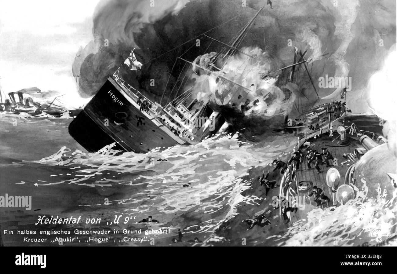 Événements, première Guerre mondiale / première Guerre mondiale, guerre navale, naufrage des croiseurs blindés britanniques 'HMS Aboukir', 'HMS Hogue' et 'Cressy' par le sous-marin allemand U-9, 22.9.1914, carte postale, dessin, Banque D'Images