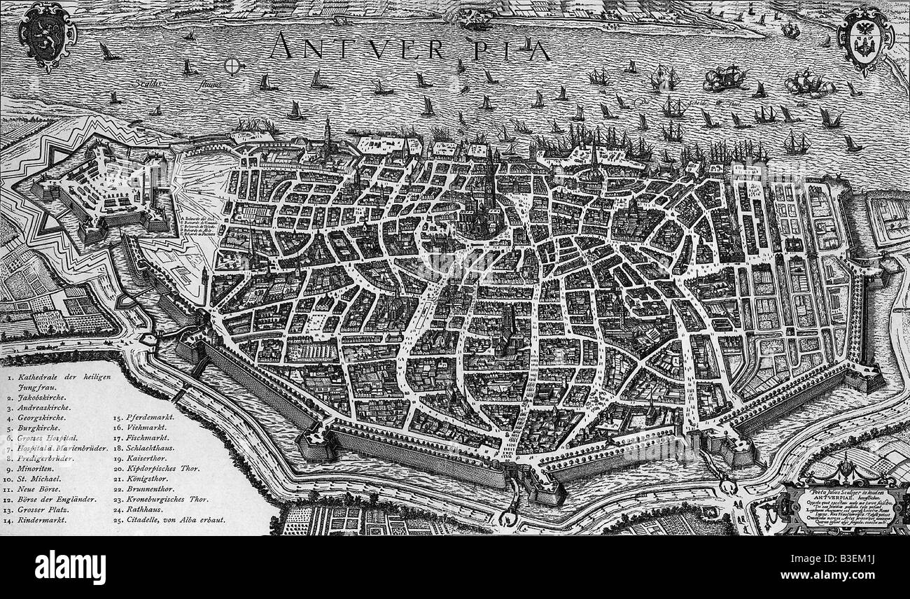 Géographie / voyages, Belgique, Anvers, vue sur la ville / paysages urbains, vue topographique, après gravure de Georg Braun, Cologne, 1572, Banque D'Images