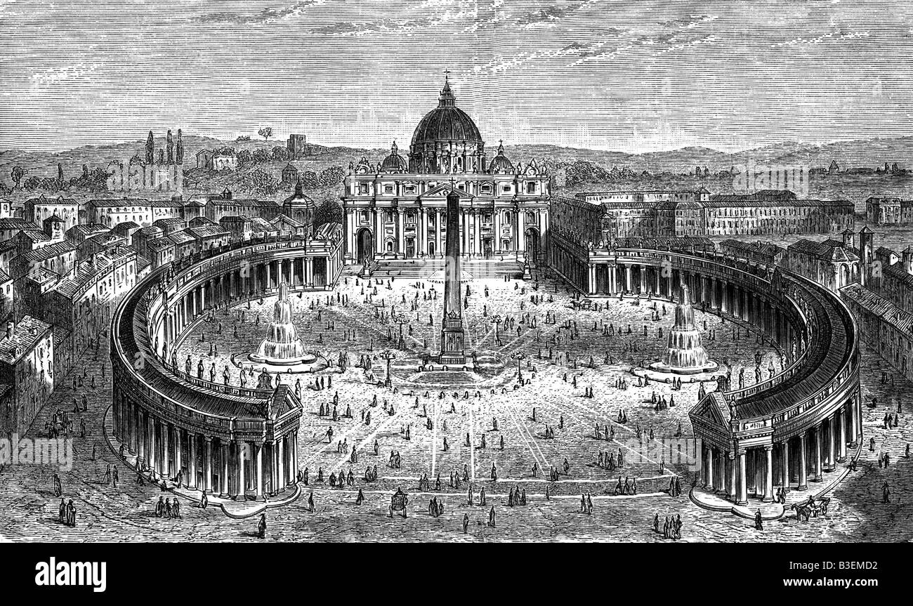 Géographie / voyage, Italie, Rome, places, place Saint Pierre avec basilique Saint Pierre, imprimé après gravure par Strassberger, XIXe siècle, historique, historique, Europe, vue de dessus, cathédrale, obélisque, architecture, beaux-arts, gens, centre, Banque D'Images