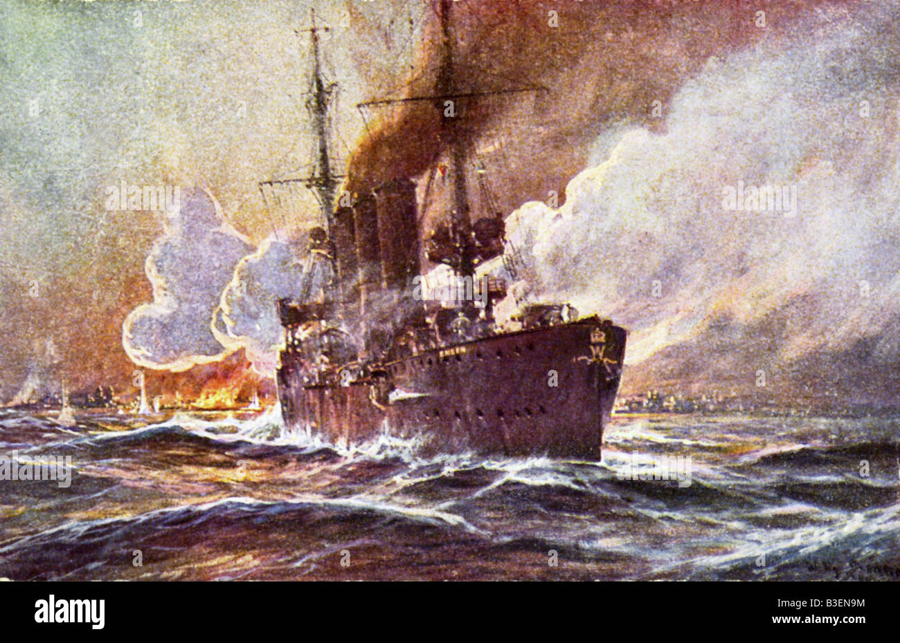 Événements, première Guerre mondiale / première Guerre mondiale, guerre navale, Madras est bombardé par le croiseur allemand SMS 'Emden', carte postale, après une peinture de Willy Stoewer (1864 - 1931), Allemagne, vers 1916, Banque D'Images