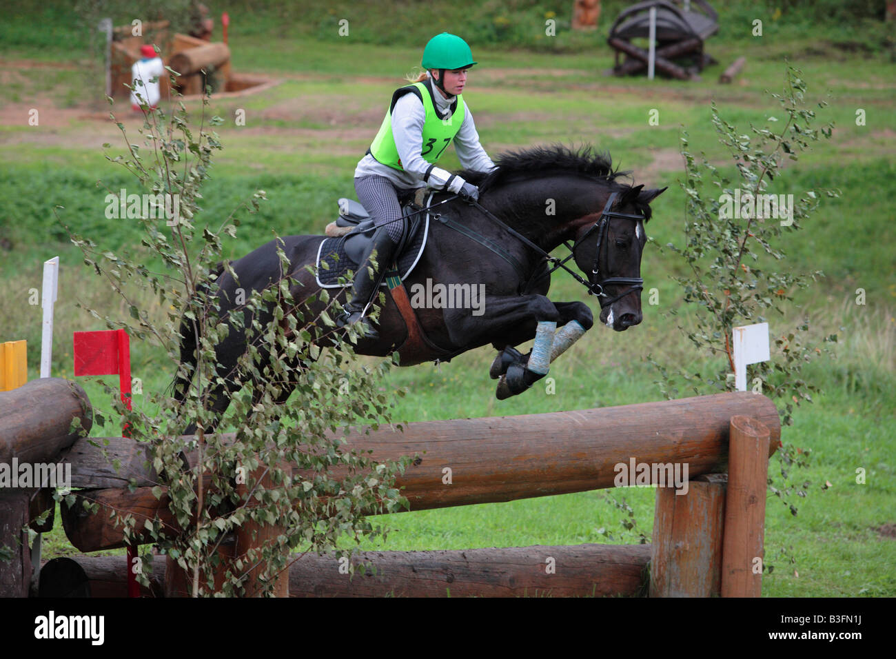 Cheval et cavalier sautant les clôtures de la cross country au CCI*** de Moscou Procès cheval 2008 Banque D'Images