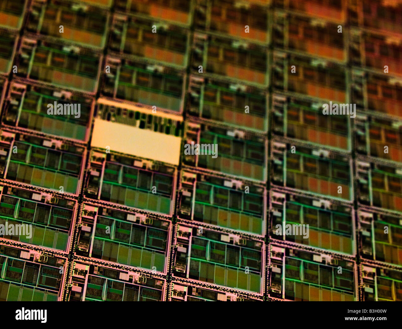 Vue agrandie d'une plaquette de silicium. Banque D'Images