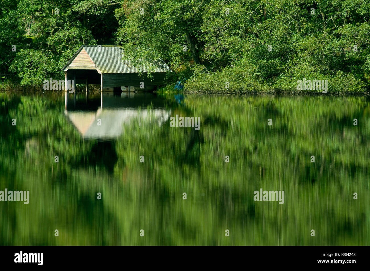 Un hangar à bateau sur le Loch Ard, avec les arbres en fleur d'été se reflétant dans les eaux stagnantes. Les Trossachs, Ecosse, Royaume-Uni Banque D'Images