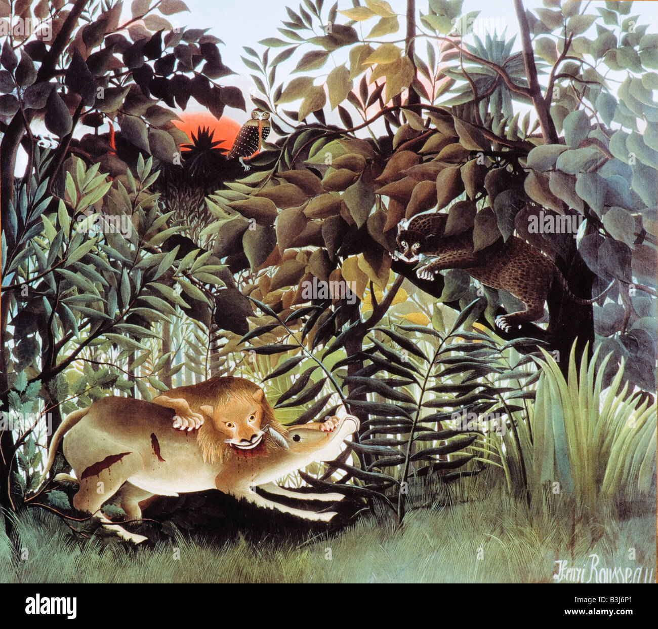 Le lion affamé se jette sur l'Antilope par Henri Rousseau 1905 Banque D'Images