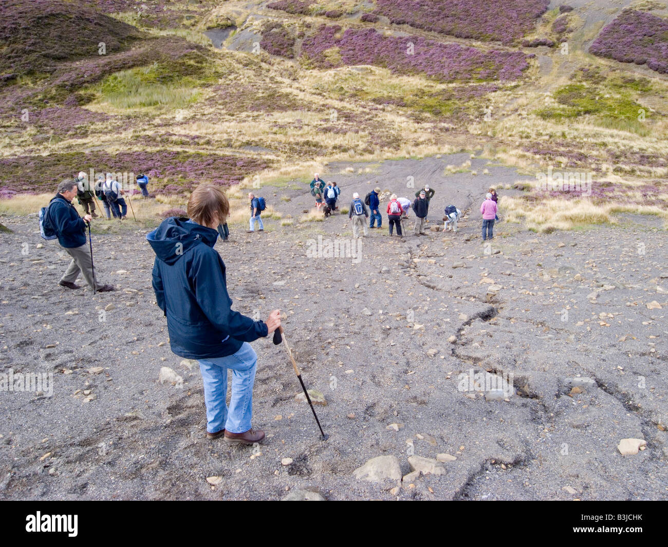 Un groupe de personnes âgées principalement sur une étude de marche organisée en géologie une ancienne carrière de l'Alun Cleveland Hills Banque D'Images