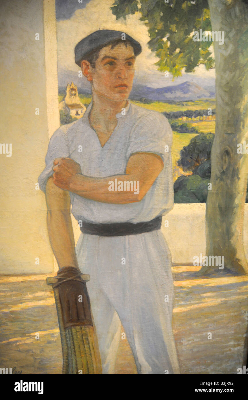 Peinture à l'intérieur le Musée Basque montrant un joueur de "pelote basque", un sport local très populaire. Banque D'Images