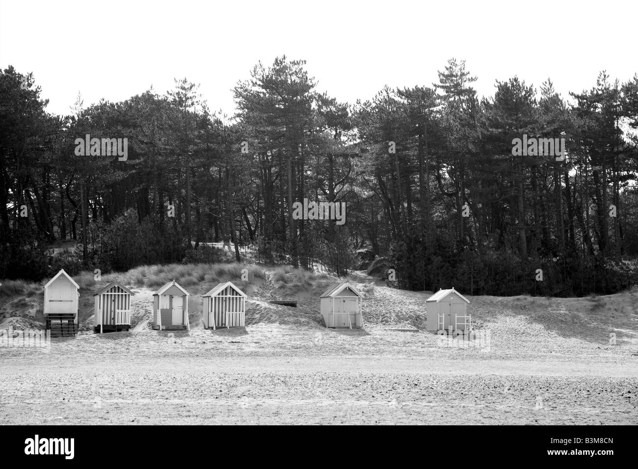 La fin des cabines de plage avant de les Pins au Wells next the Sea, Norfolk Banque D'Images