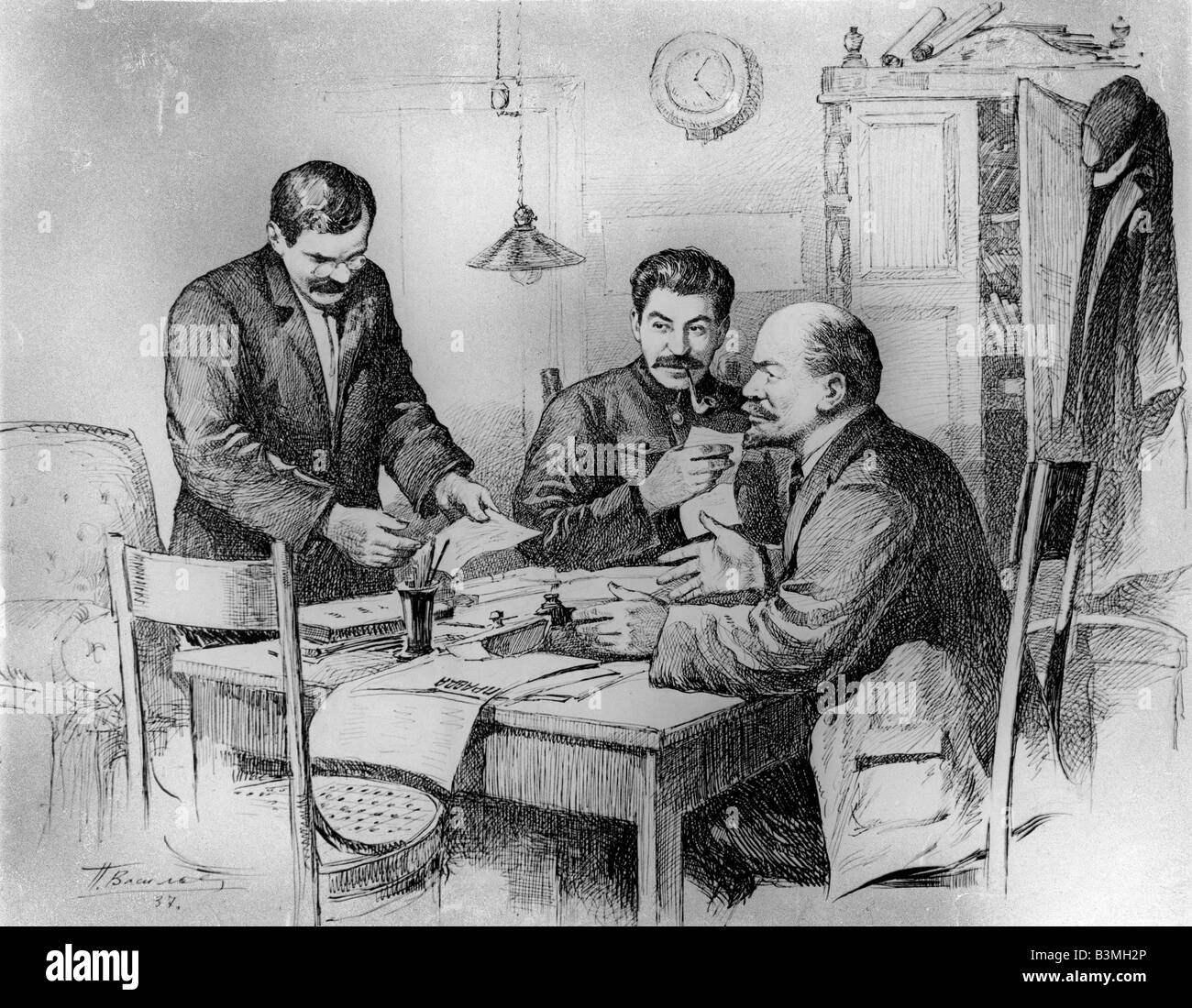 V.I. Lénine !940s dessin montrant Lénine à Staline à gauche dans les bureaux du centre de la Pravda Banque D'Images