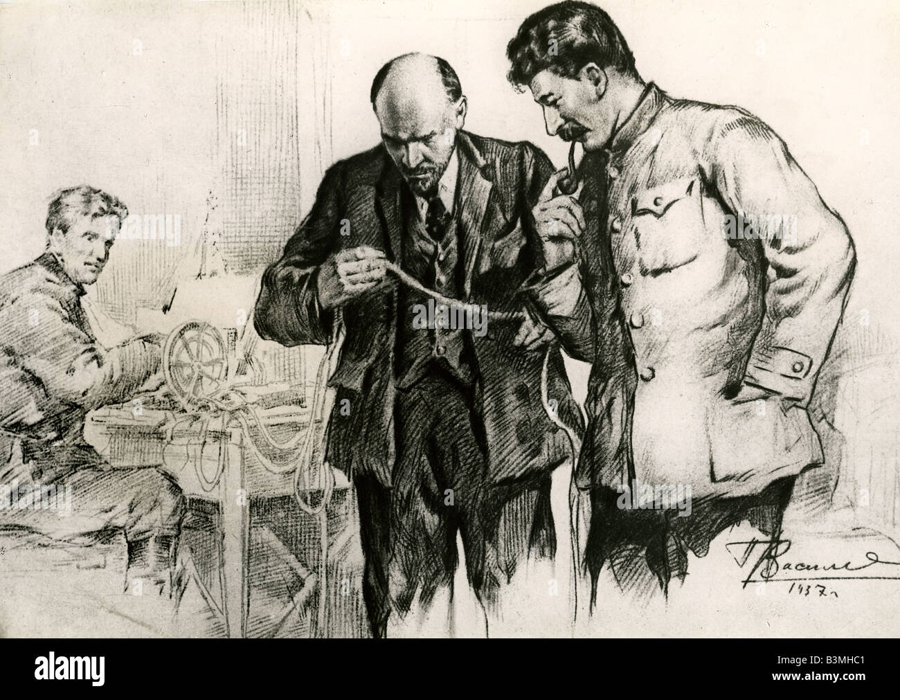 Lénine et Staline dans les bureaux de la Pravda illustré dans un dessin des années 40 conçu pour souligner leur étroite relation Banque D'Images