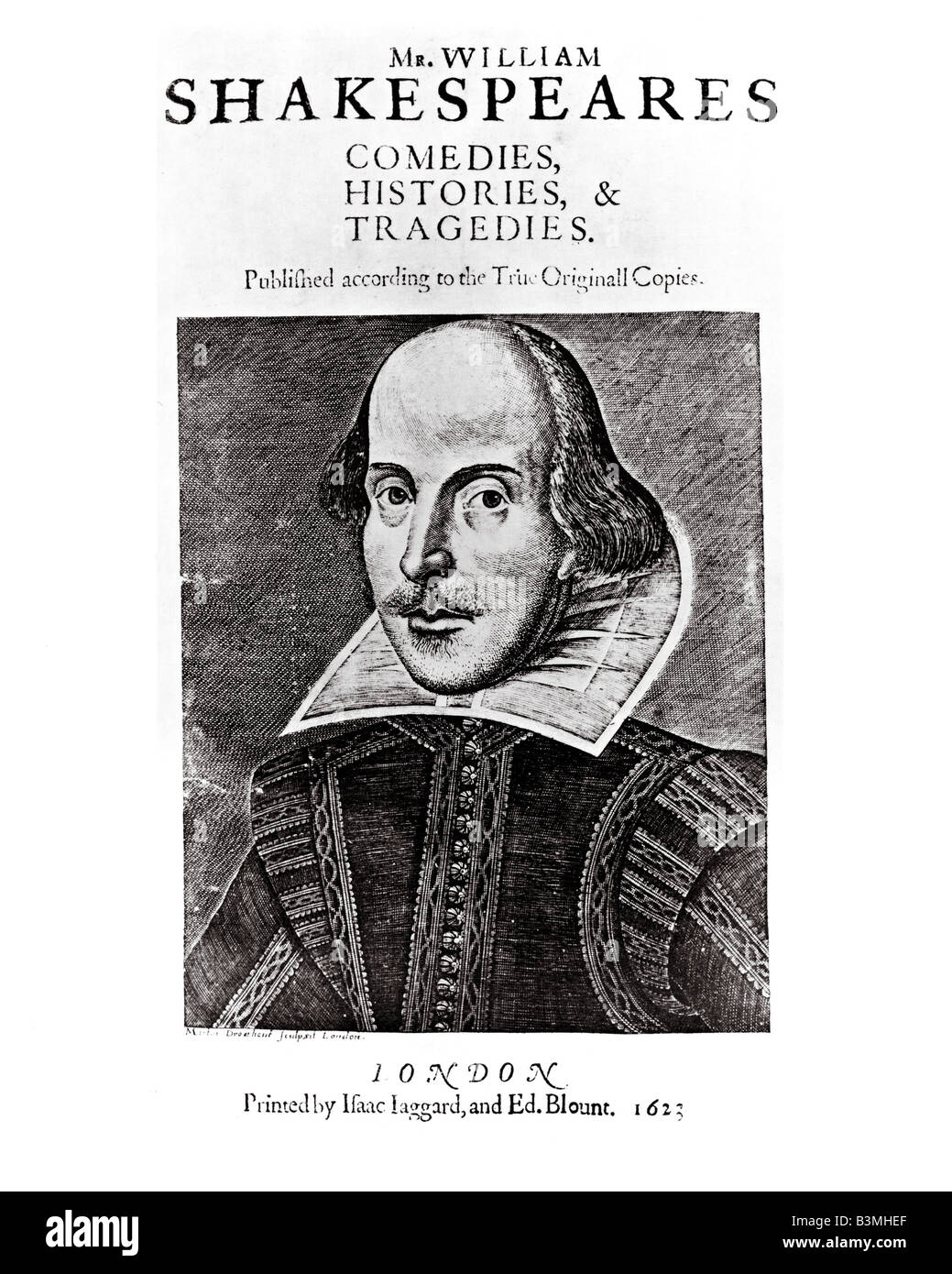 FIRST FOLIO page de titre de la première édition de Shakespeare publiée en 1623 avec une gravure par Martin Droeshout Banque D'Images