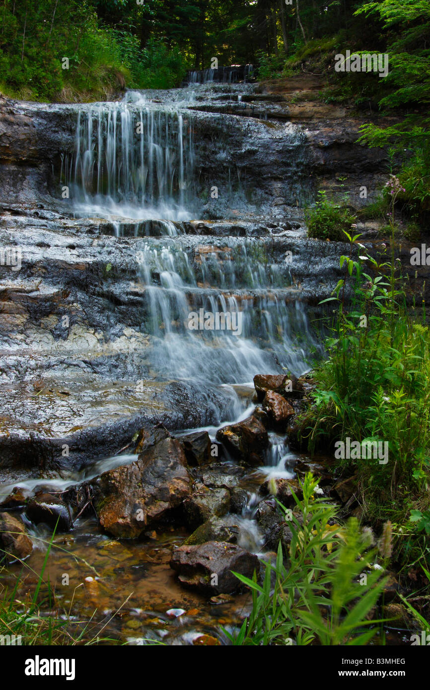 Chute d'eau de Wagner Falls sur Wagner Creek à Munising Michigan mi beau paysage forêt nature vue de dessus personne vertical aux États-Unis haute résolution Banque D'Images