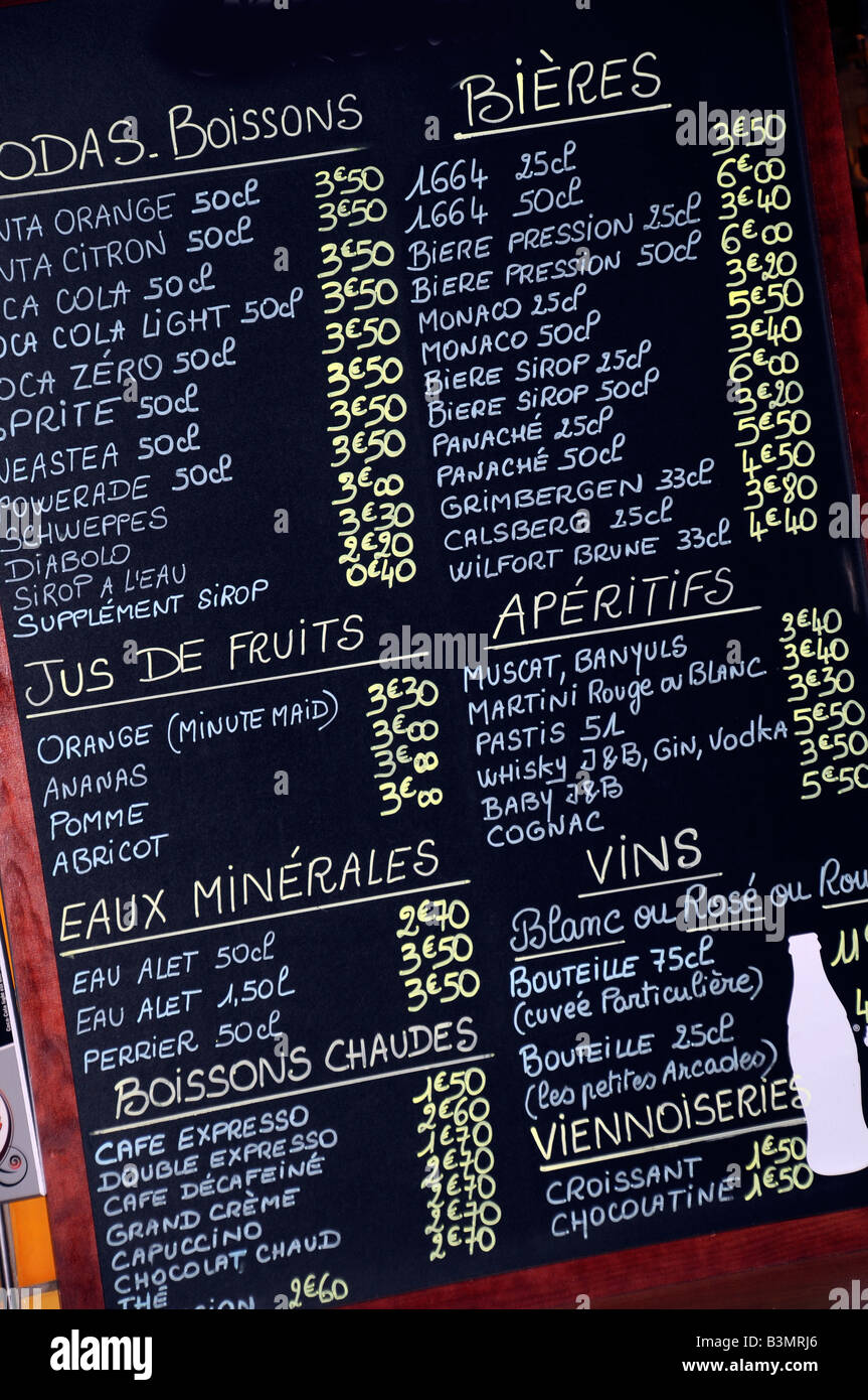 MENU BOISSONS FRANÇAIS BOARD Banque D'Images