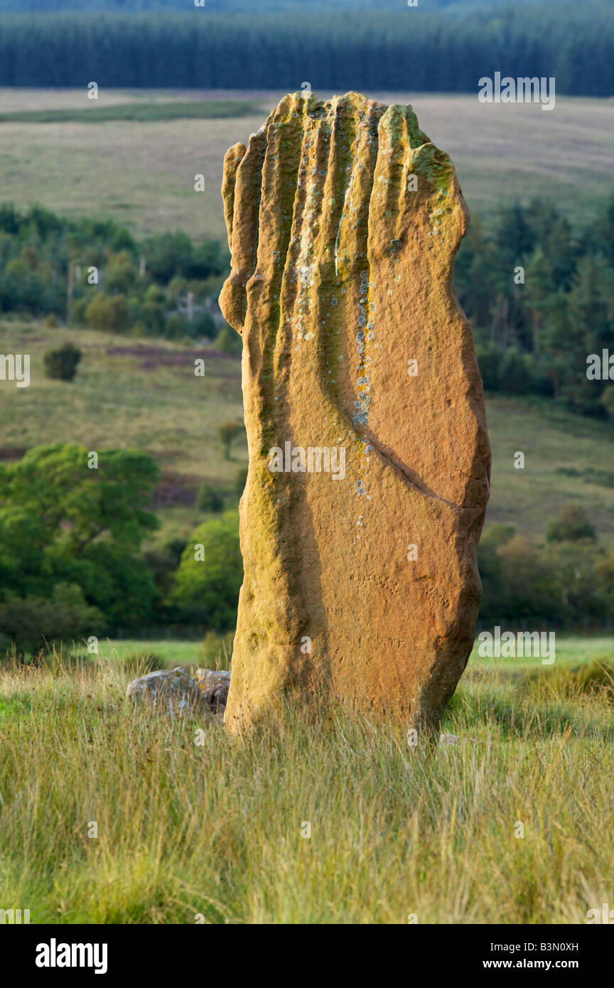 La seule pierre d'un cercle de pierre l'âge de bronze sur Machrie Moor, Isle of Arran, North Ayrshire, Ecosse, Royaume-Uni. Banque D'Images