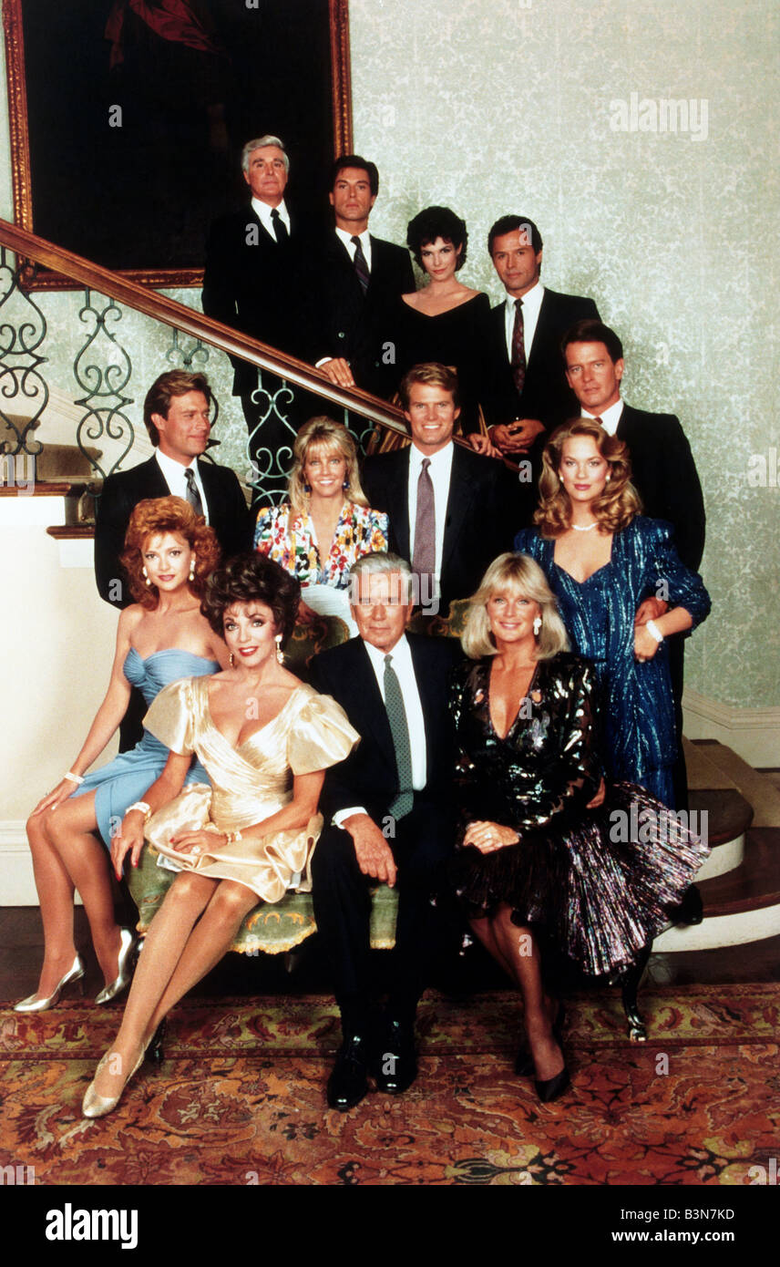 Distribution de la dynastie US des années 80 séries télé avec en première rangée, de gauche Joan Collins, John Forsythe et Linda Evans Banque D'Images
