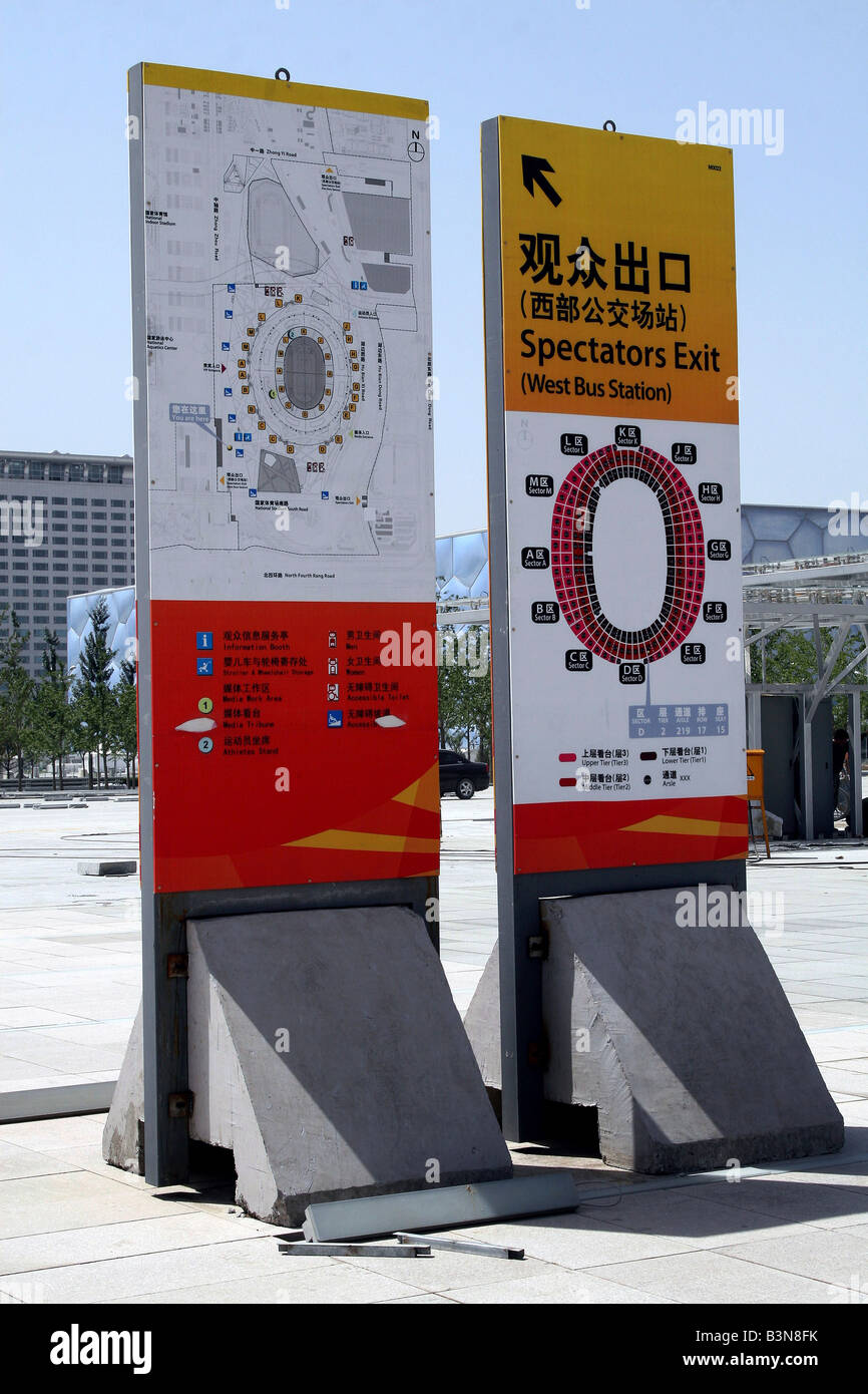 Signe directionnel dans le stade national de Beijing, Chine, Banque D'Images