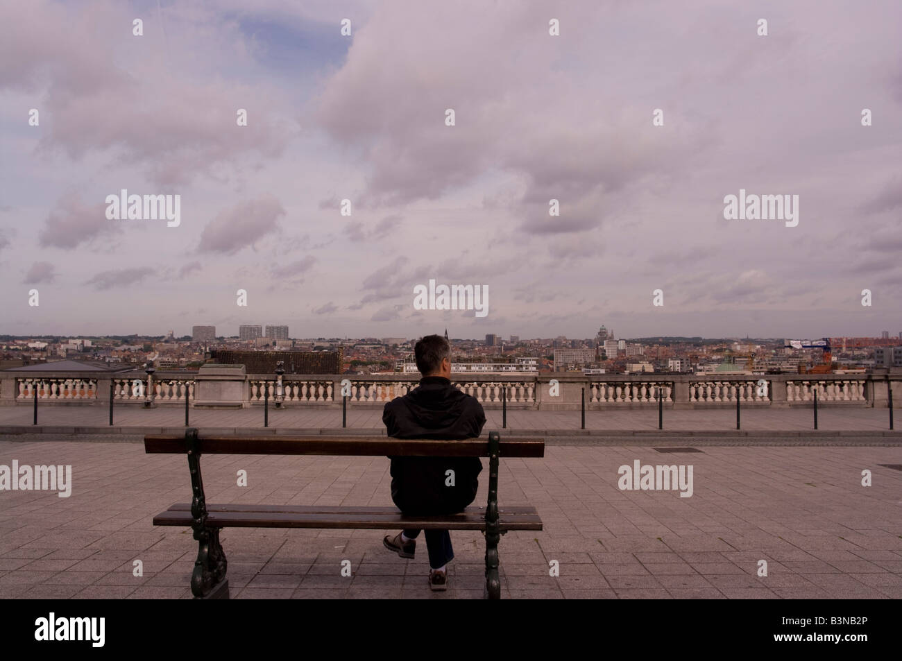 L'emplacement de l'homme sur un banc avec vue sur la ville, la colline du Galgenberg, Bruxelles, Belgique Banque D'Images