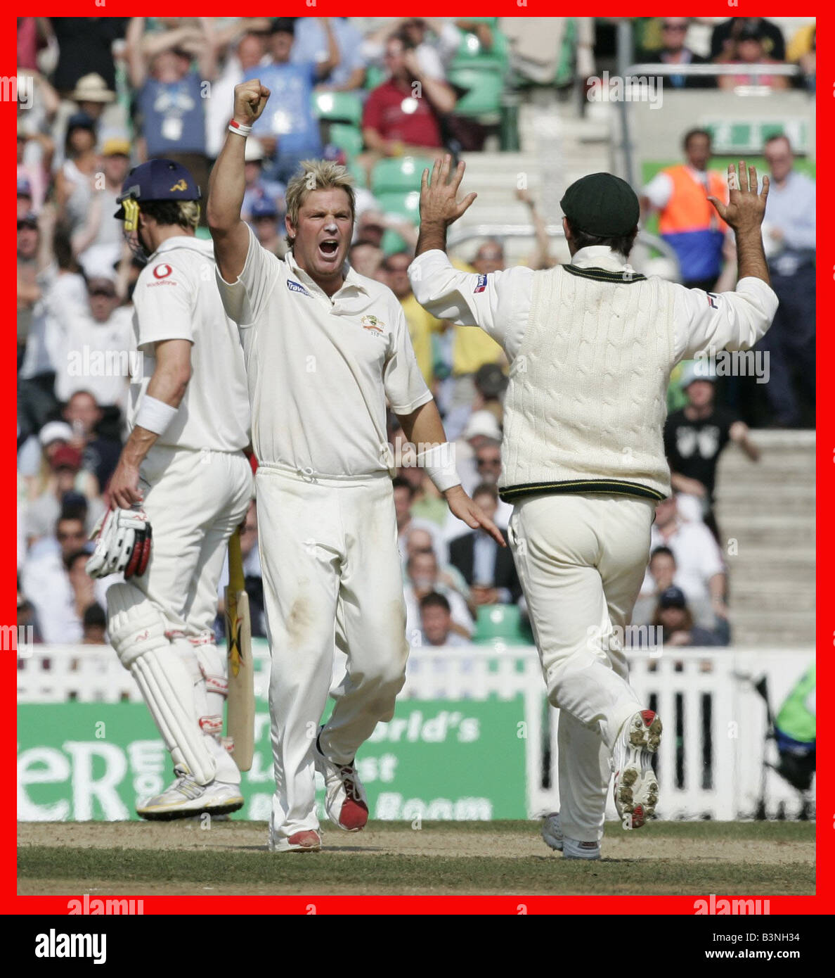 Shane Warne célèbre le guichet de Marcus Trescothick Septembre 2005 Angleterre V Australie 5ème Test de cendres l'Ovale l'Angleterre a gagné les cendres pour la première fois en 18 ans à faire l'histoire de cricket après avoir obtenu un nul dans le cinquième essai pour gagner à l'Ovale Banque D'Images